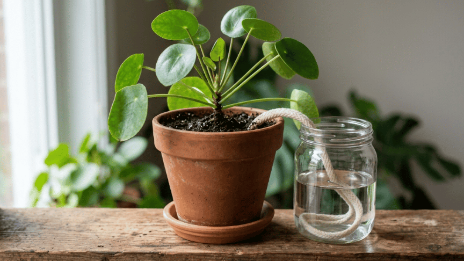 potted plant connected to water container using cotton wick for slow and steady moisture transfer