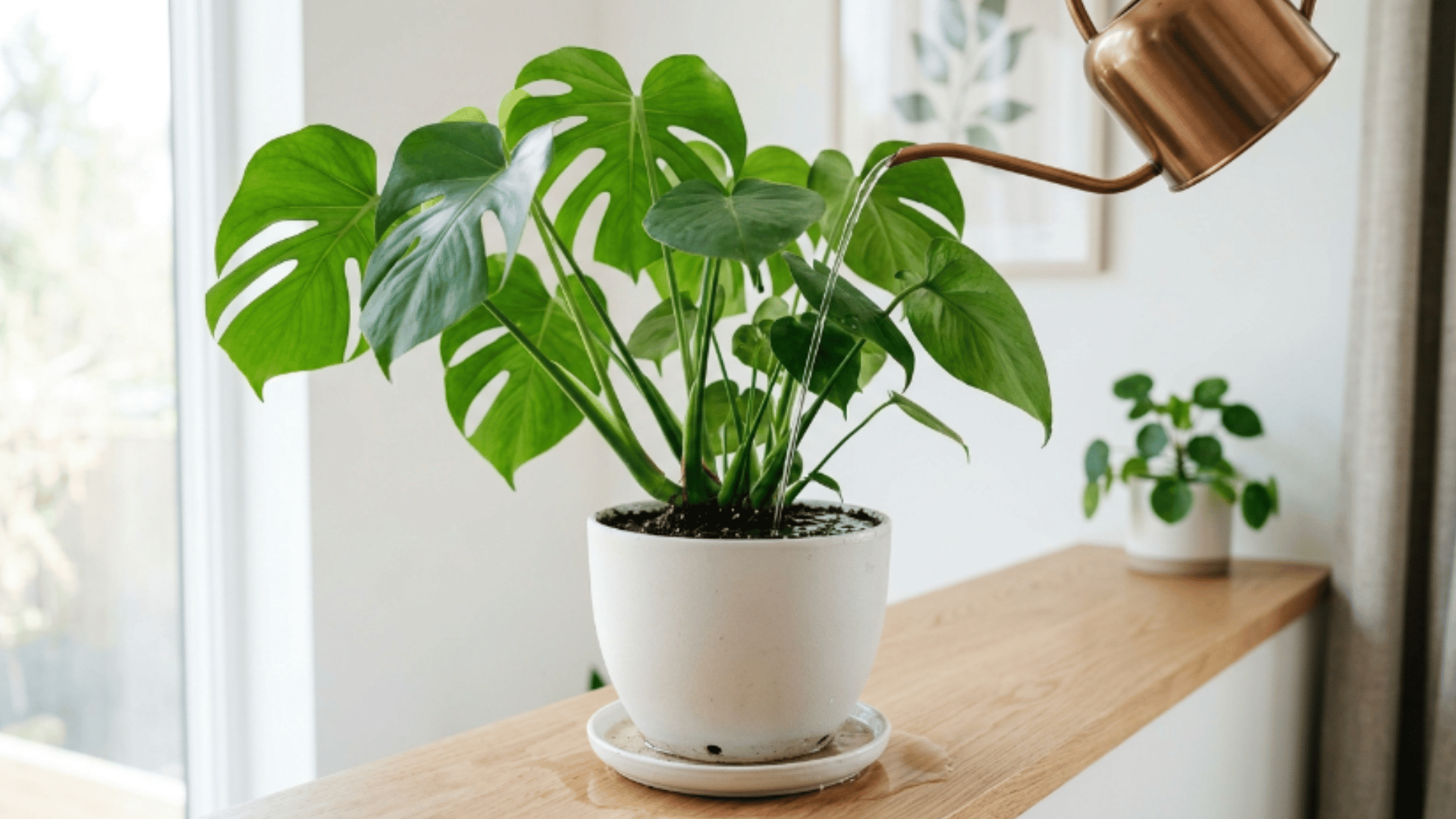 potted plant with soil fully soaked from top watering and excess water draining from bottom