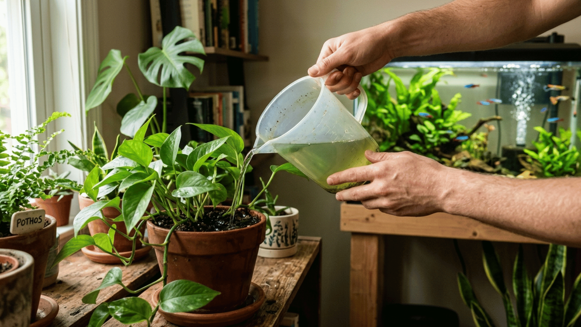 pouring aquarium water onto houseplants with fish tank visible in indoor setting
