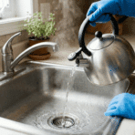 pouring hot water into kitchen sink drain to flush out debris after cleaning