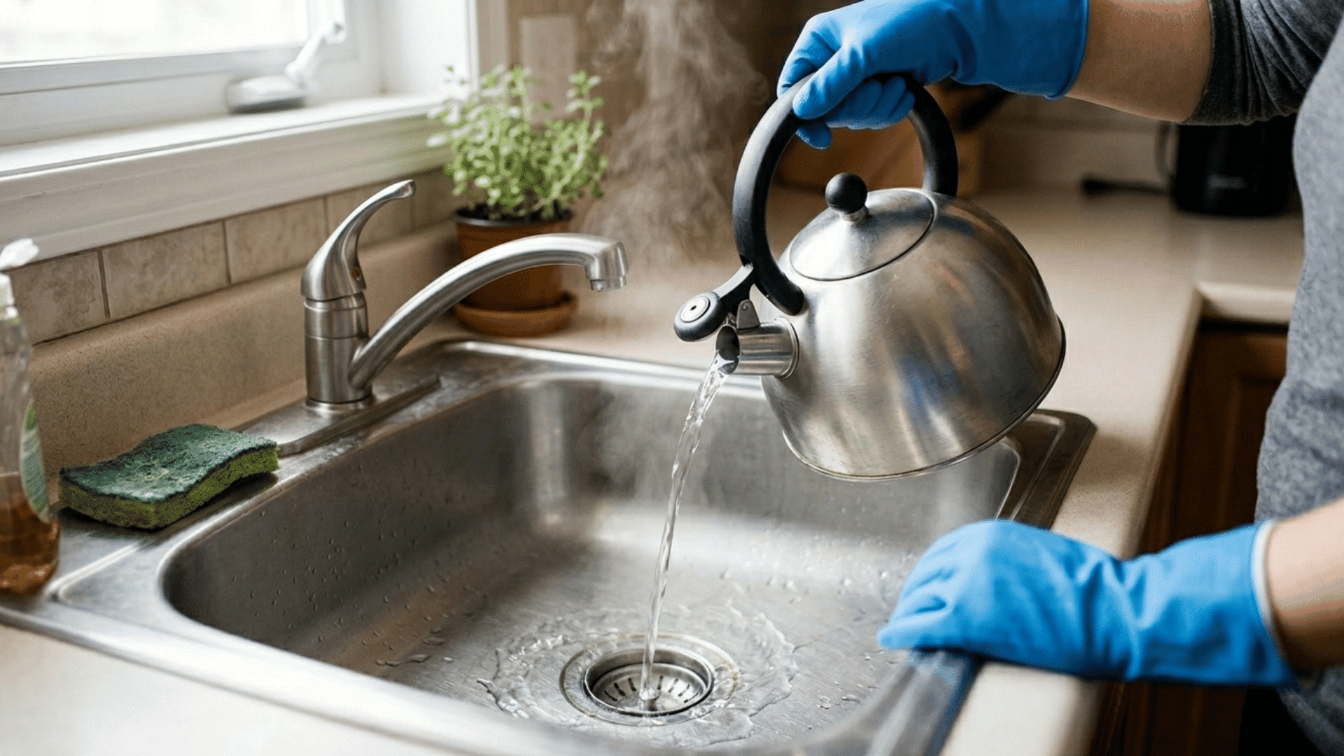 pouring hot water into kitchen sink drain to flush out debris after cleaning