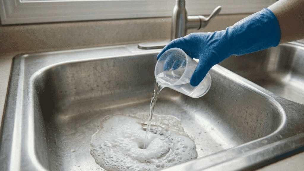 pouring vinegar into drain creating fizz reaction to break clog.