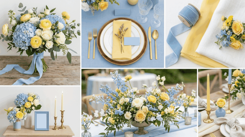 powder blue and butter yellow wedding color scheme collage with soft florals light decor