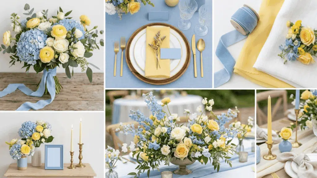 powder blue and butter yellow wedding color scheme collage with soft florals light decor