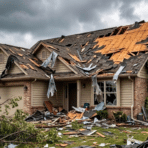 powerful image of a suburban home wrecked by a storm, with a destroyed roof and a tree crushing a car