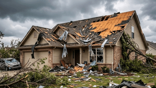 powerful image of a suburban home wrecked by a storm, with a destroyed roof and a tree crushing a car