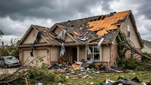 powerful image of a suburban home wrecked by a storm, with a destroyed roof and a tree crushing a car