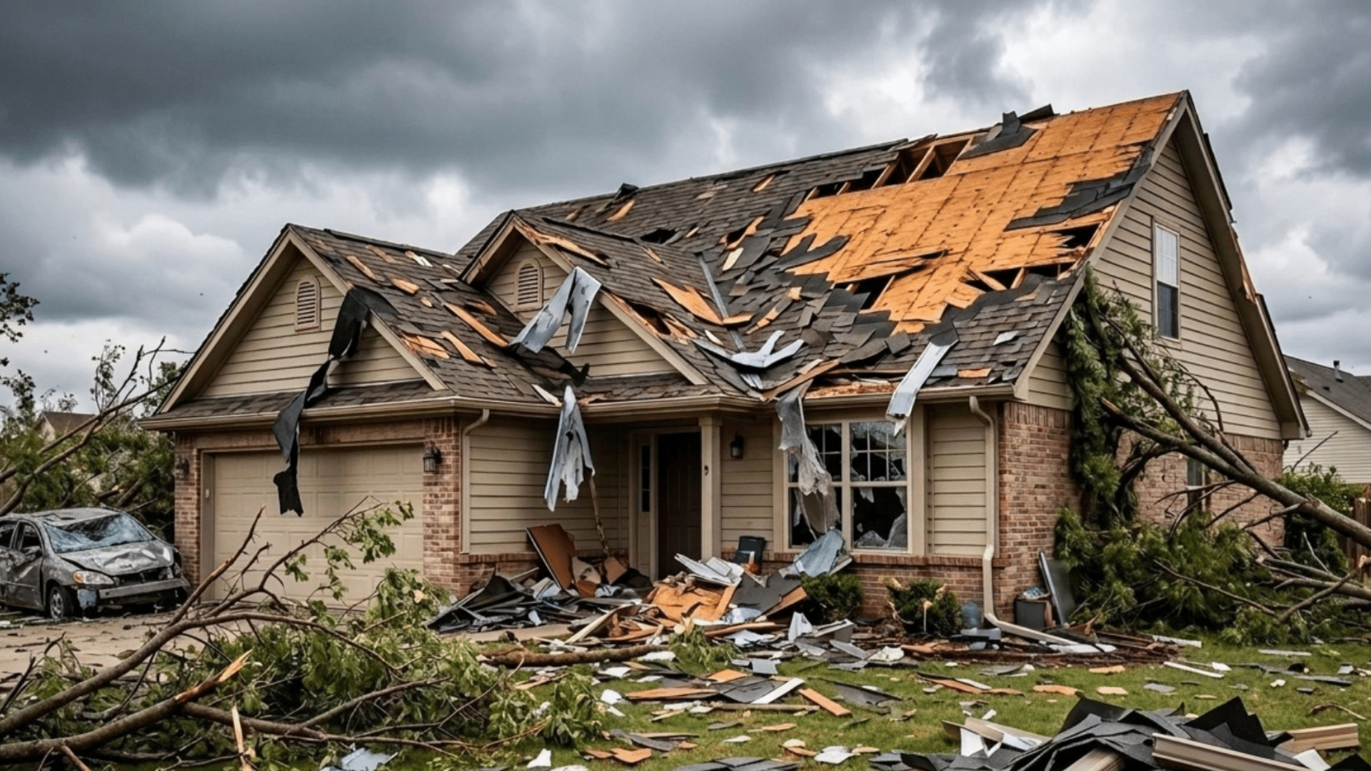 powerful image of a suburban home wrecked by a storm, with a destroyed roof and a tree crushing a car