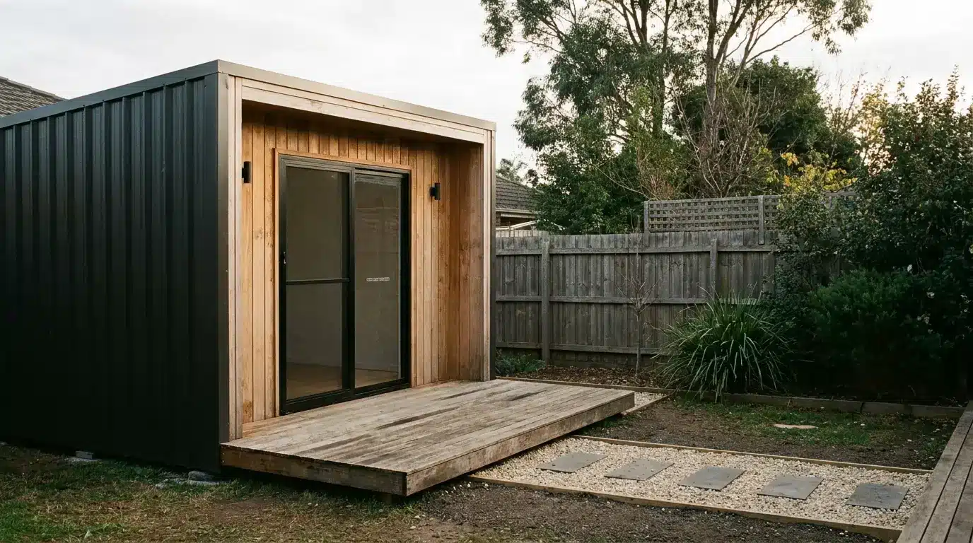 Modern wooden garden studio with sliding glass doors in a fenced backyard setting