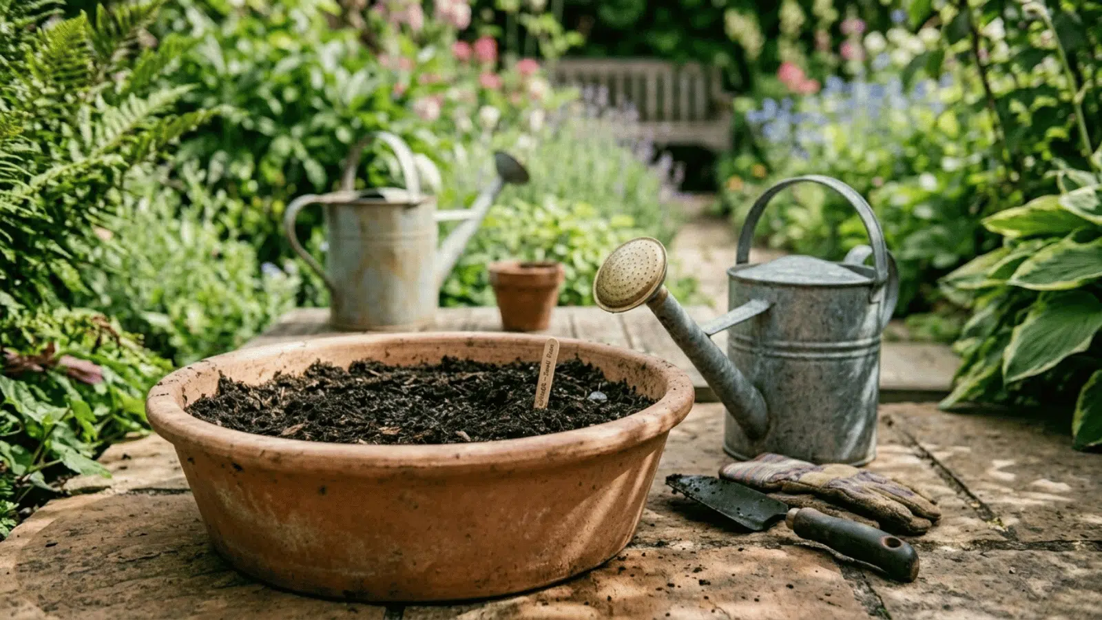 prepared terracotta pot with soil and garden tools nearby, set in a green backyard ready for planting and growing healthy plants