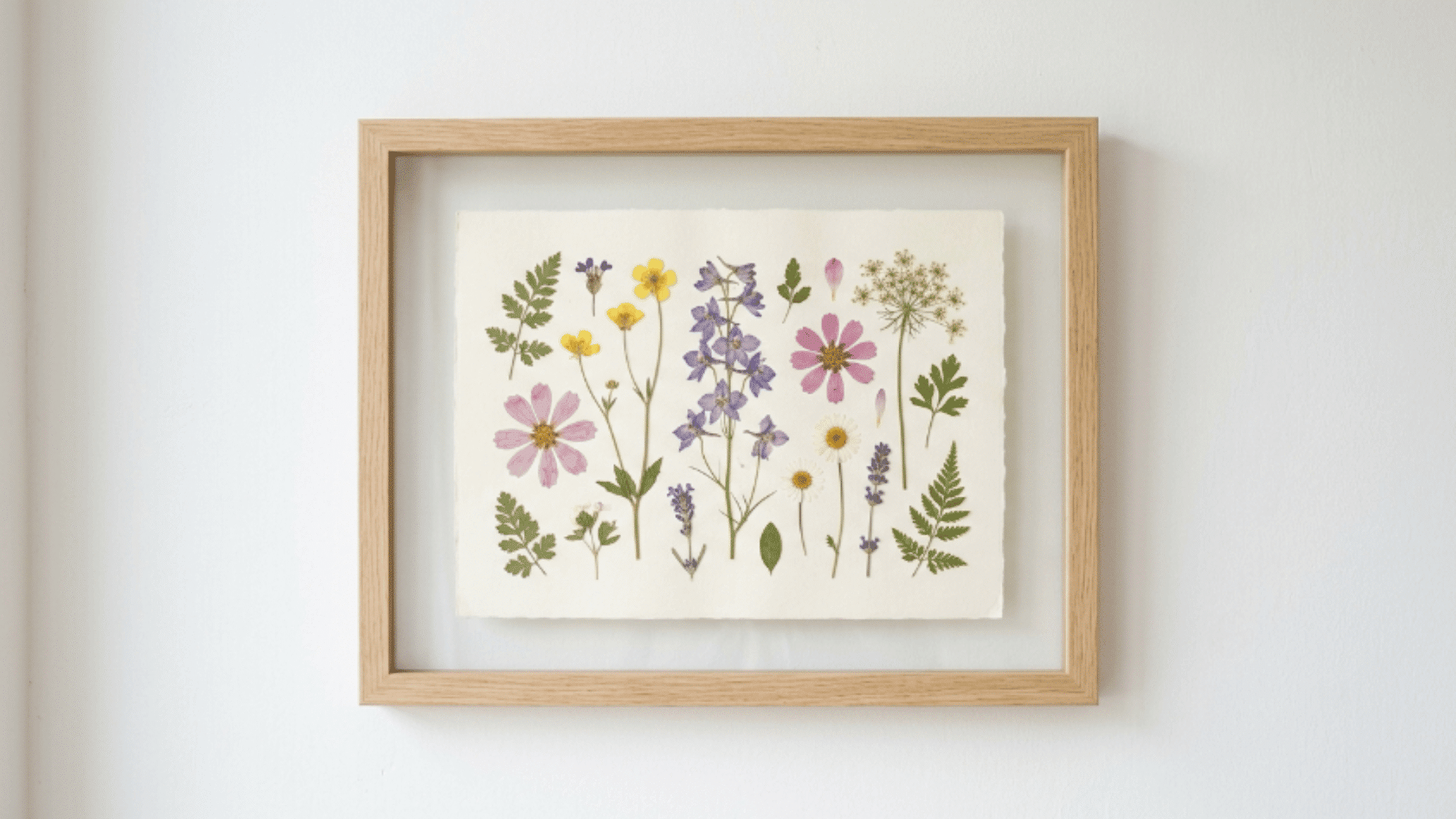 pressed flowers arranged in frame on white background with soft natural lighting and delicate texture detail