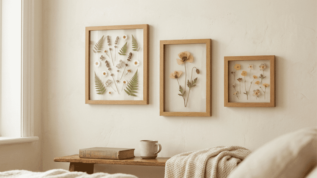 pressed flowers arranged in wooden frames for a natural and handmade wall decor look.