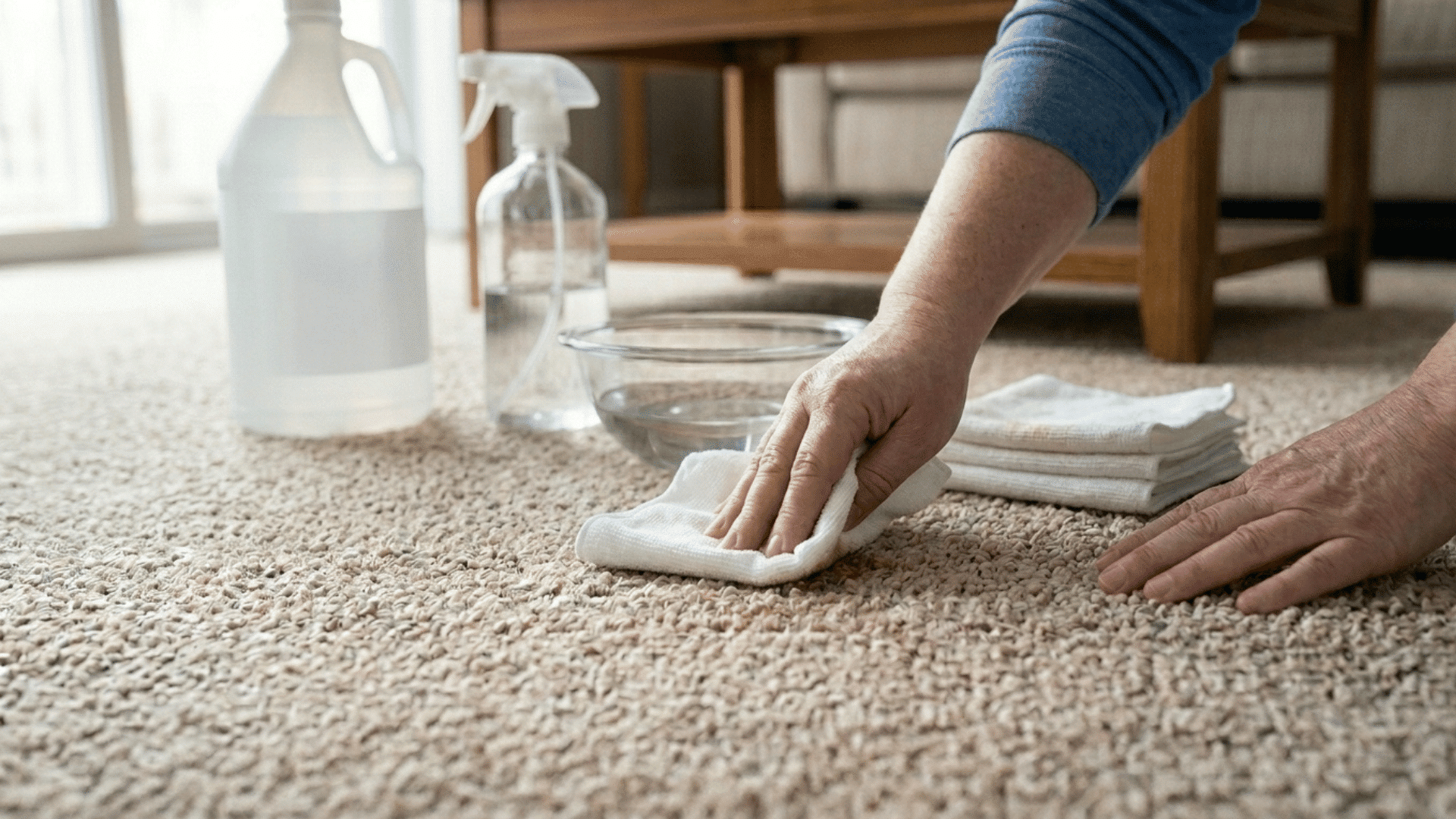 pressing cloth on carpet to remove coffee stain using gentle blotting method.