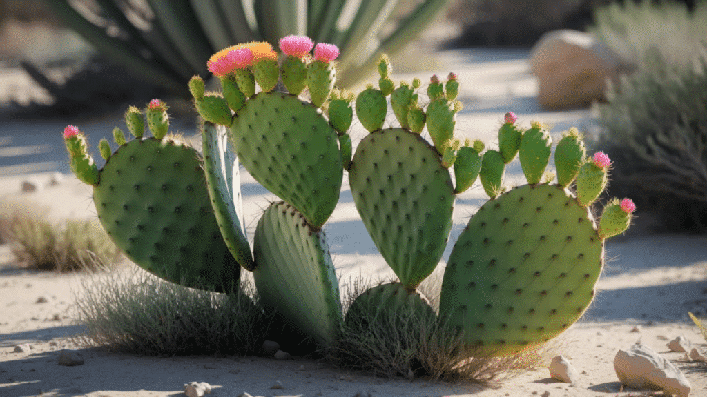 prickly pear cactus with pink blooms growing in sandy desert landscape
