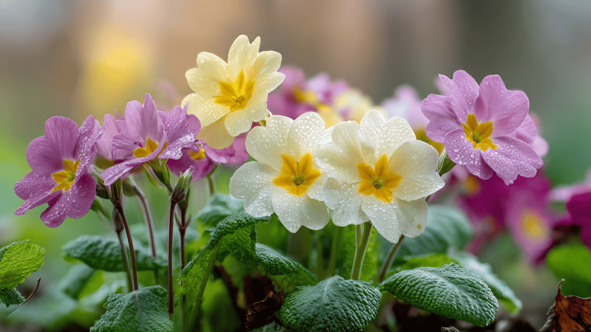 primroses blooming with soft colors in winter