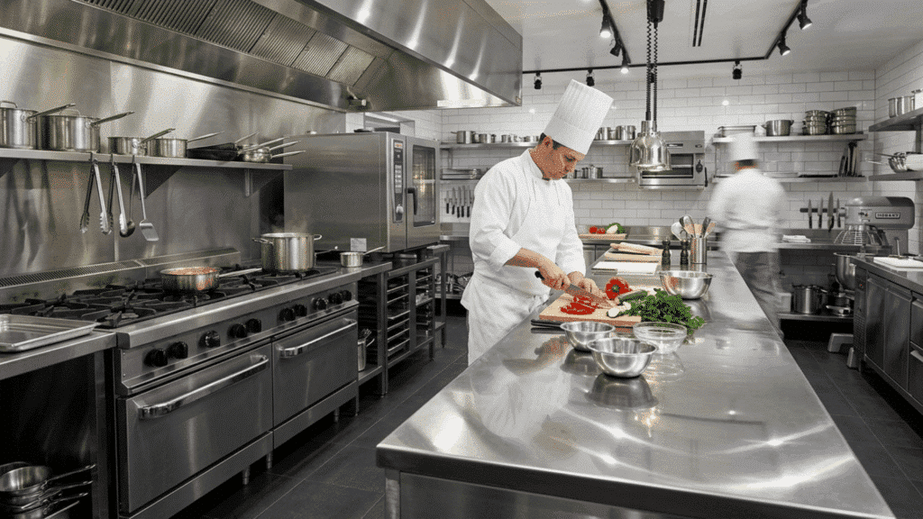 professional kitchen with stainless steel countertops, reflective surfaces, chef workspace, and commercial-grade setup