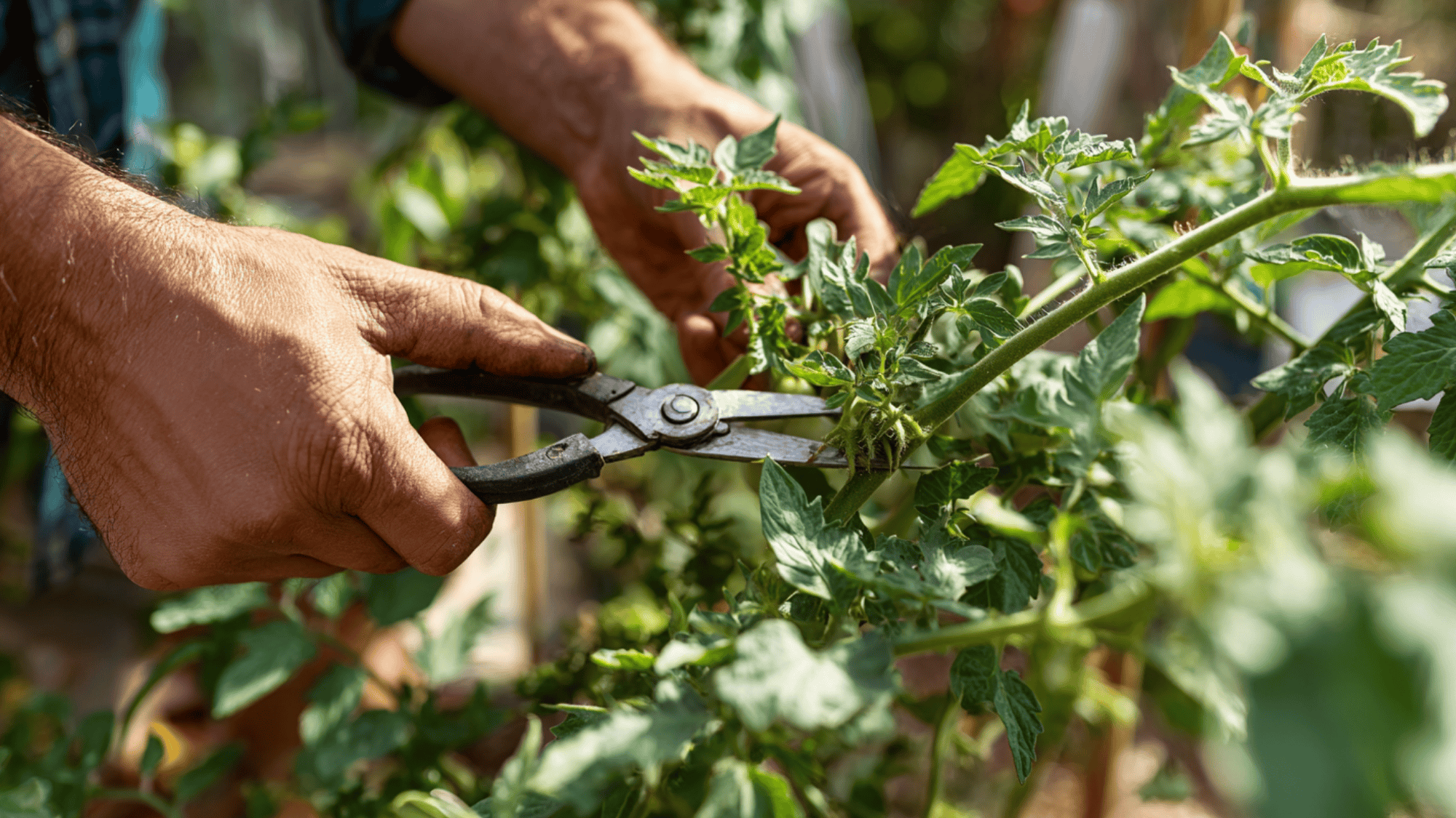 pruning tomato plants by removing lower leaves and suckers for better airflow and yield