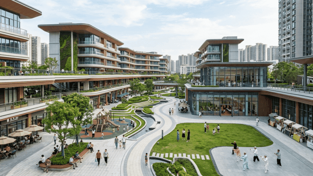 public space with landscaped plaza and community areas in modern Chinese residential complex.