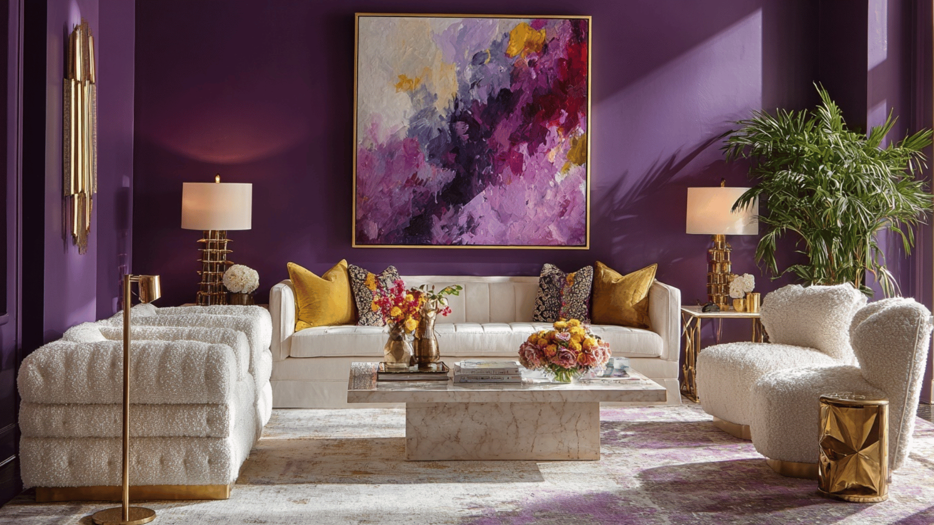 purple and marigold living room with bold colorful decor