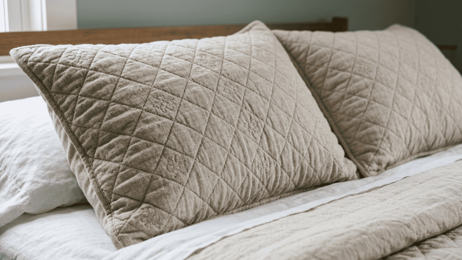 quilted pillow sham showing stitched texture and thick fabric detail in a close up realistic bedding setup