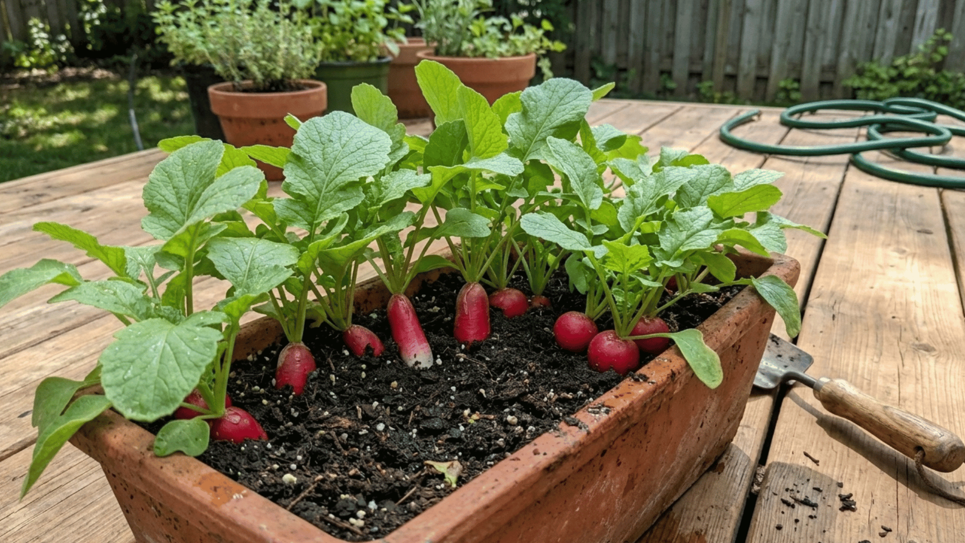 radishes growing in a rectangular pot with visible red roots and green leaves.