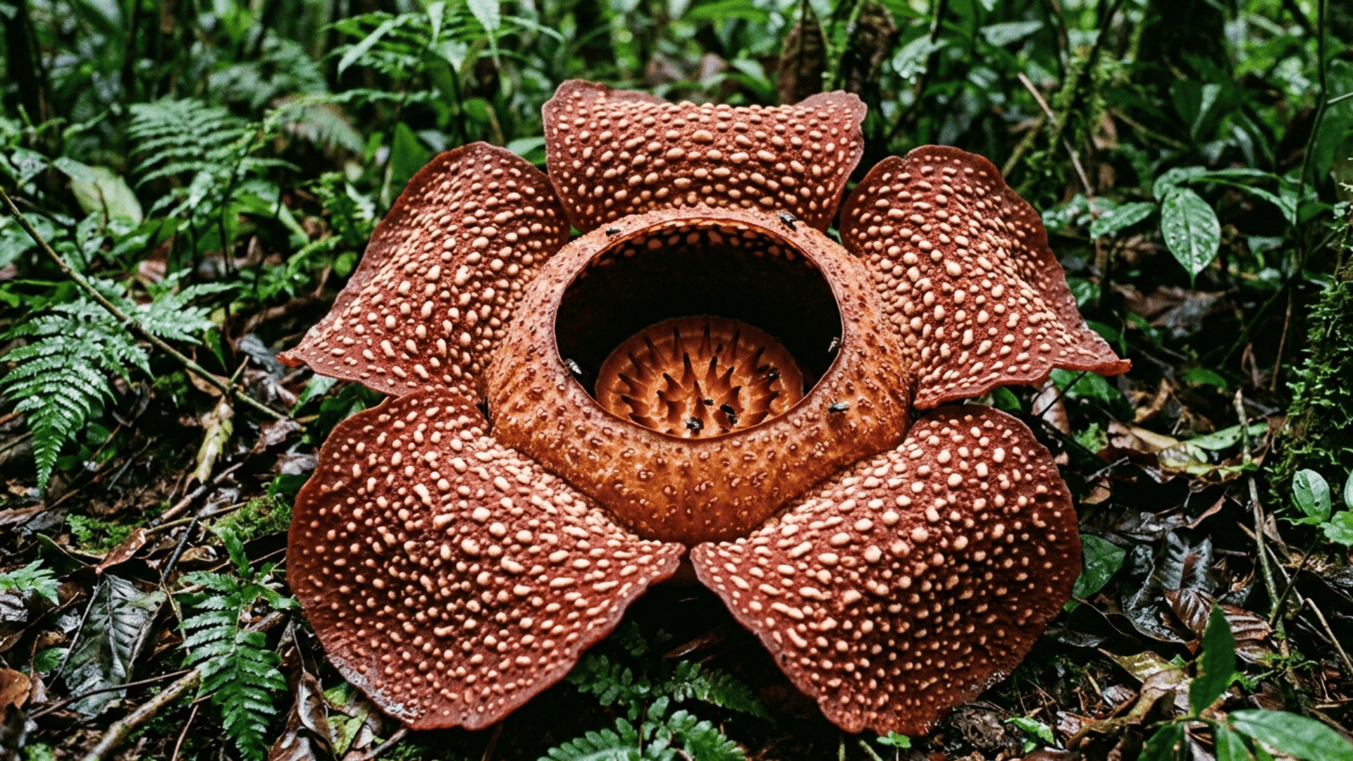 rafflesia flower blooming on rainforest floor.