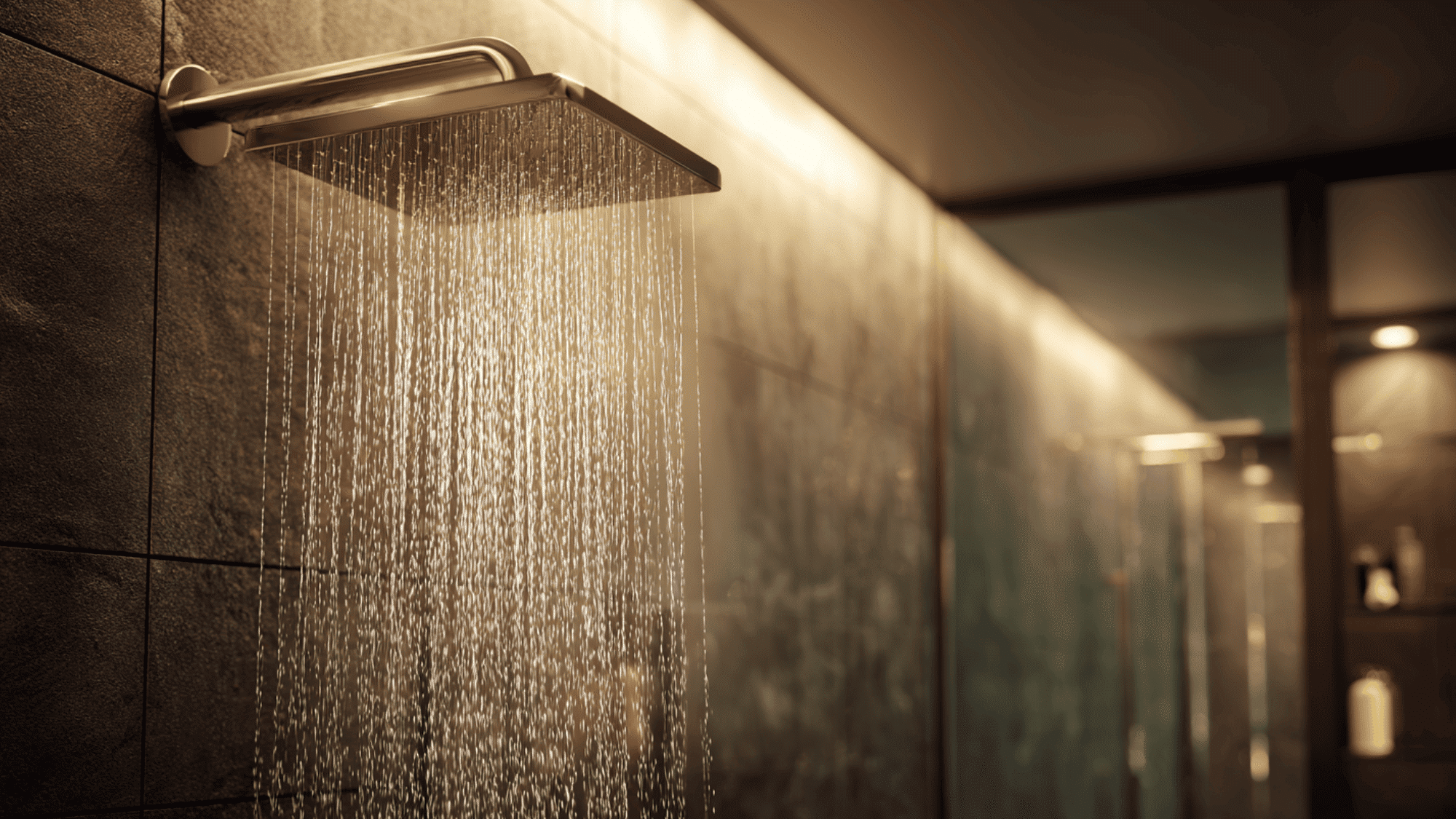 rainfall showerhead in modern bathroom creating relaxing spa like experience with minimalist design