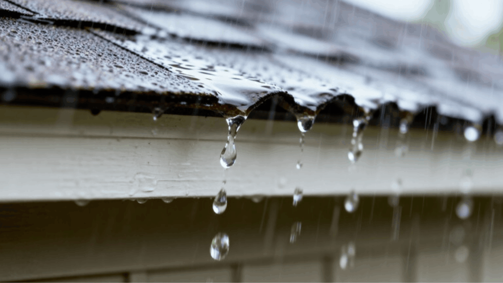 rainwater drips from the edge of a shingled roof during a heavy rainstorm, with droplets falling past the white house eaves