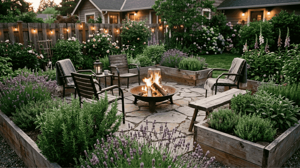 raised garden bed fire pit patio cozy backyard seating herb garden cottage style