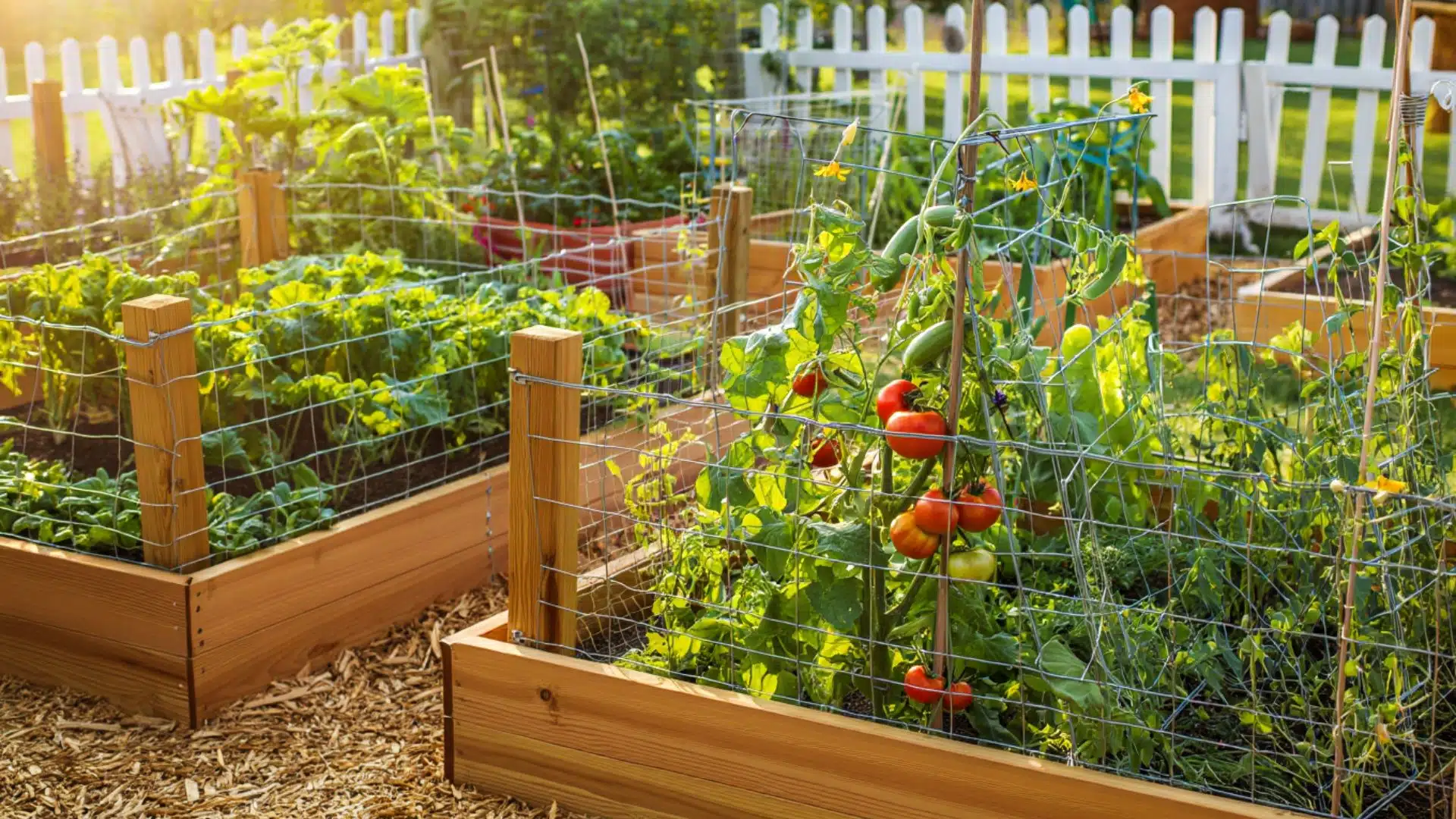 raised garden beds with hog wire panel borders and wooden posts supporting tomato plants and vegetables in a backyard garden