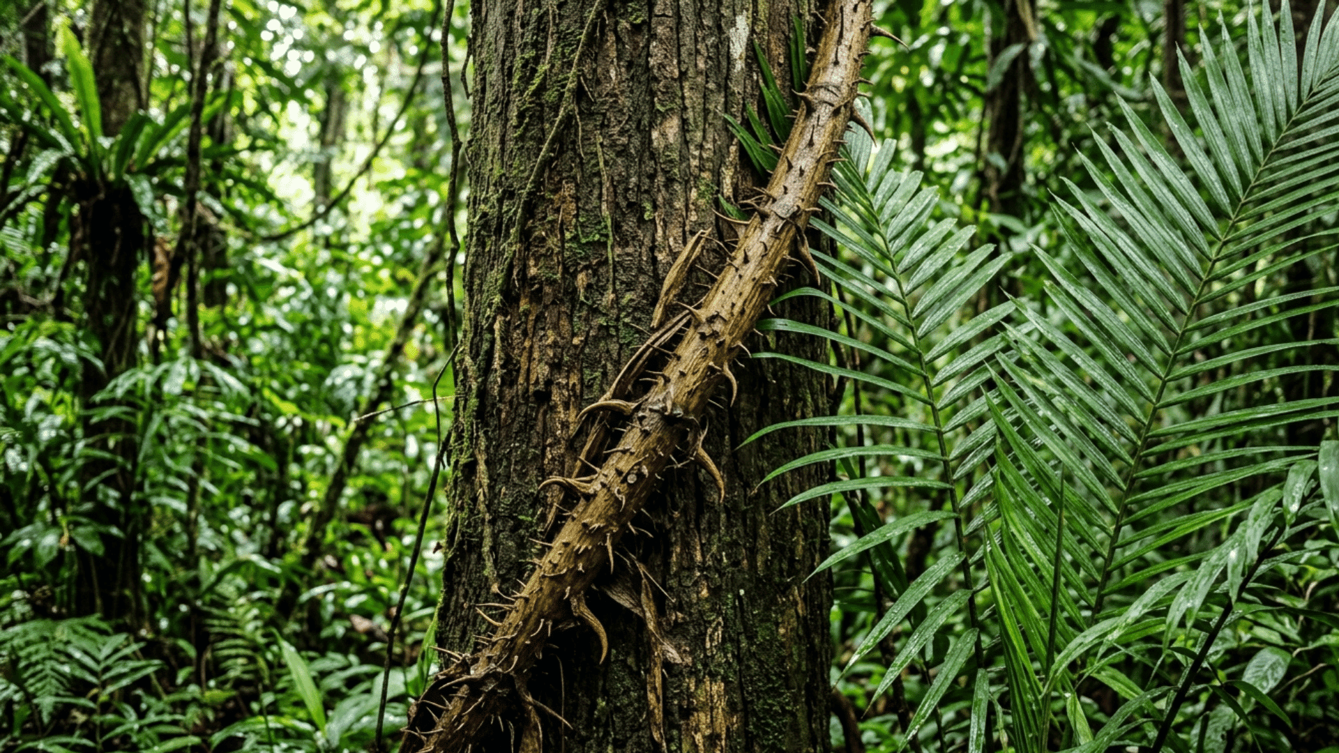 rattan palm climbing tree with long spiny stem in rainforest.