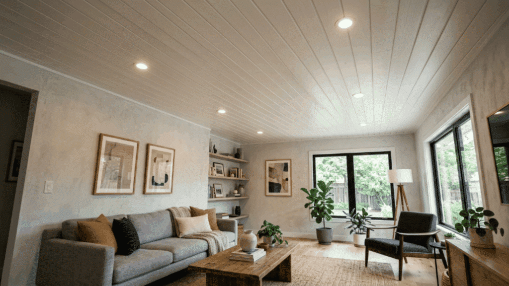 recessed lights blend smoothly into shiplap boards, keeping the ceiling clean while highlighting plank texture.