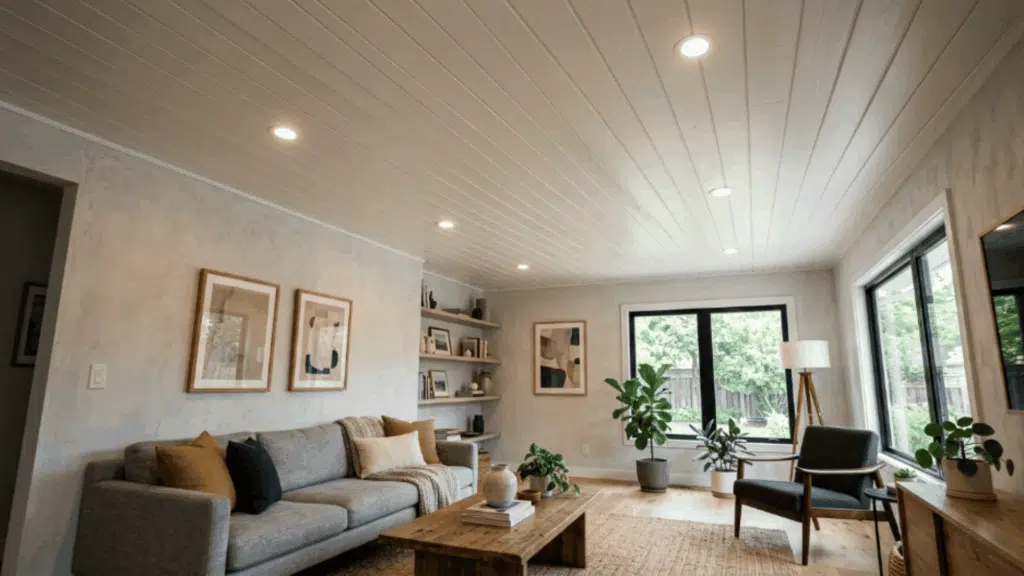 recessed lights blend smoothly into shiplap boards, keeping the ceiling clean while highlighting plank texture.