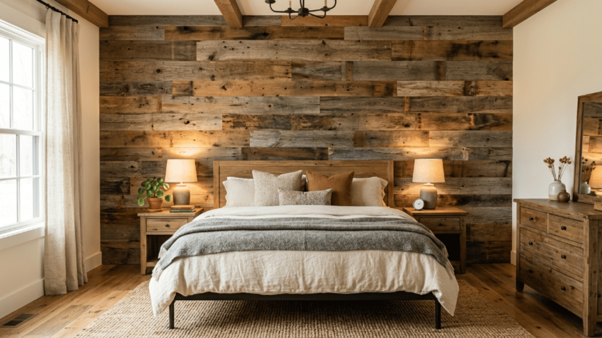 reclaimed wood wall with mixed tones adding natural texture and a warm feel to the bedroom