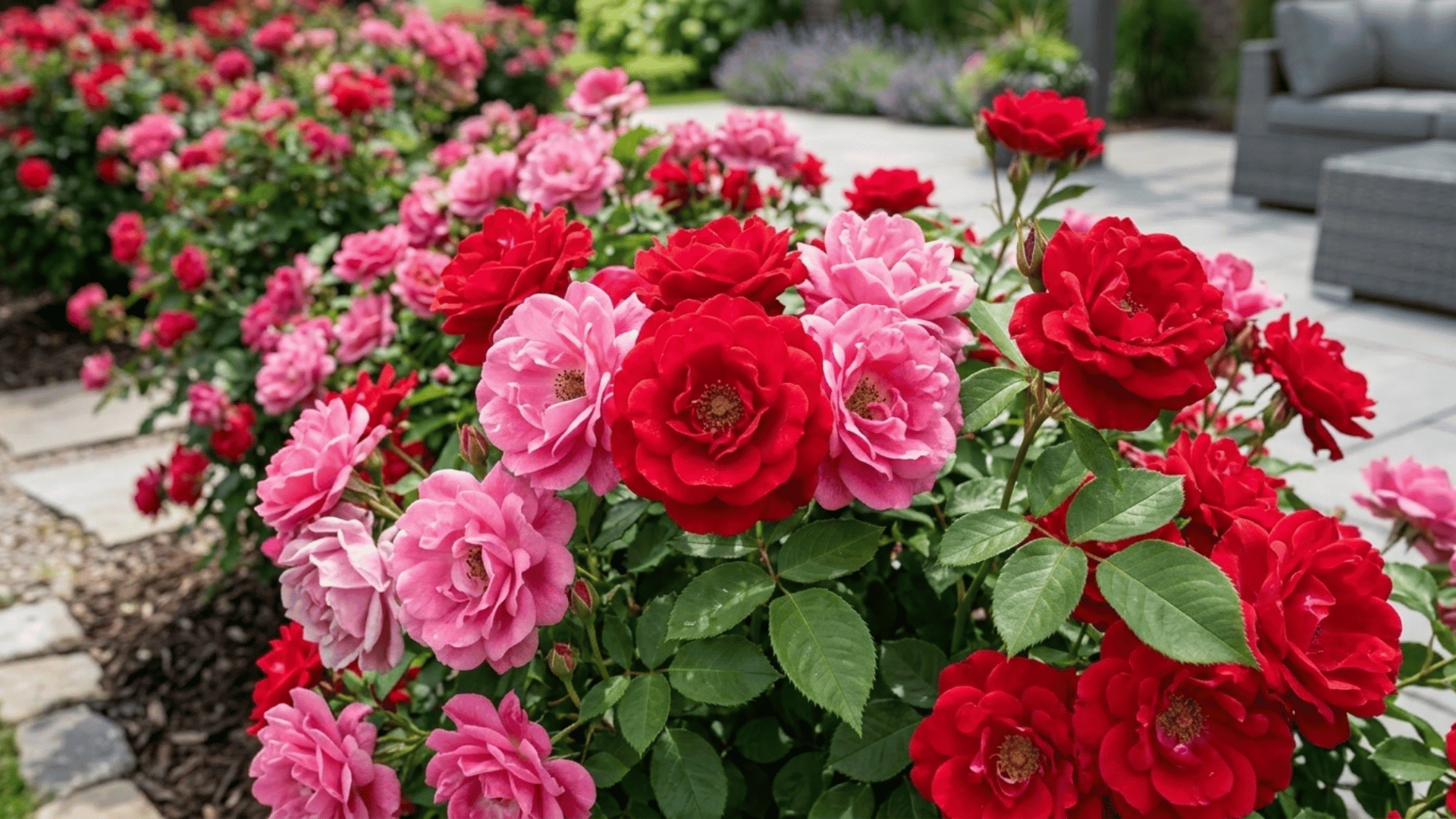 red and pink roses blooming along a landscaped garden path, with greenery and patio seating visible in a bright, well-kept outdoor space.
