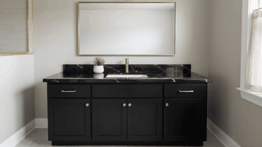 refinished bathroom vanity with glossy marble epoxy top and painted cabinet in a clean modern bathroom front view