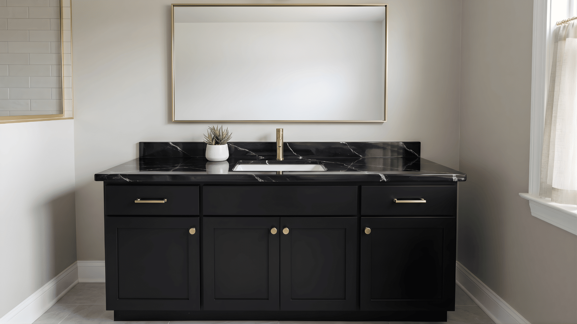 refinished bathroom vanity with glossy marble epoxy top and painted cabinet in a clean modern bathroom front view