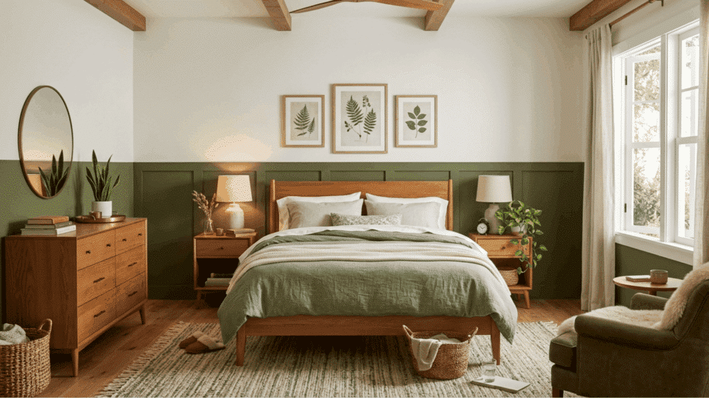 relaxed bedroom with olive green lower wall and off-white upper wall styled with warm wood furniture and soft lighting