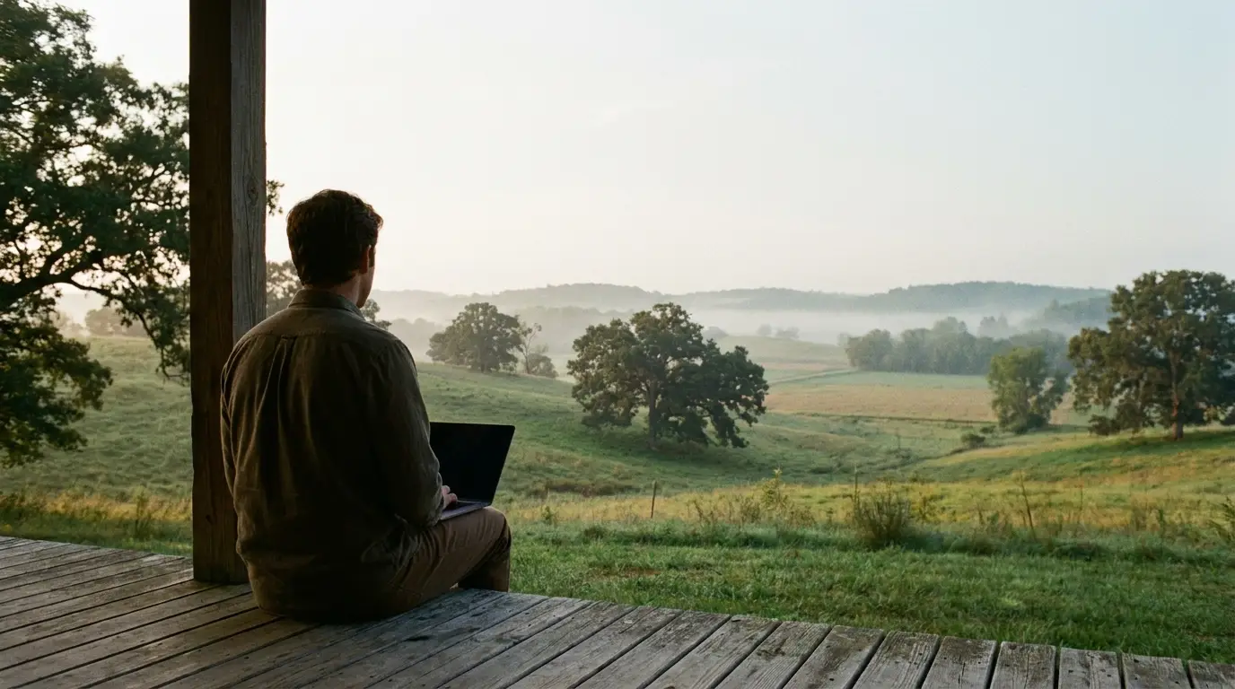 Person sitting with laptop on wooden porch overlooking misty rural landscape with trees and fields