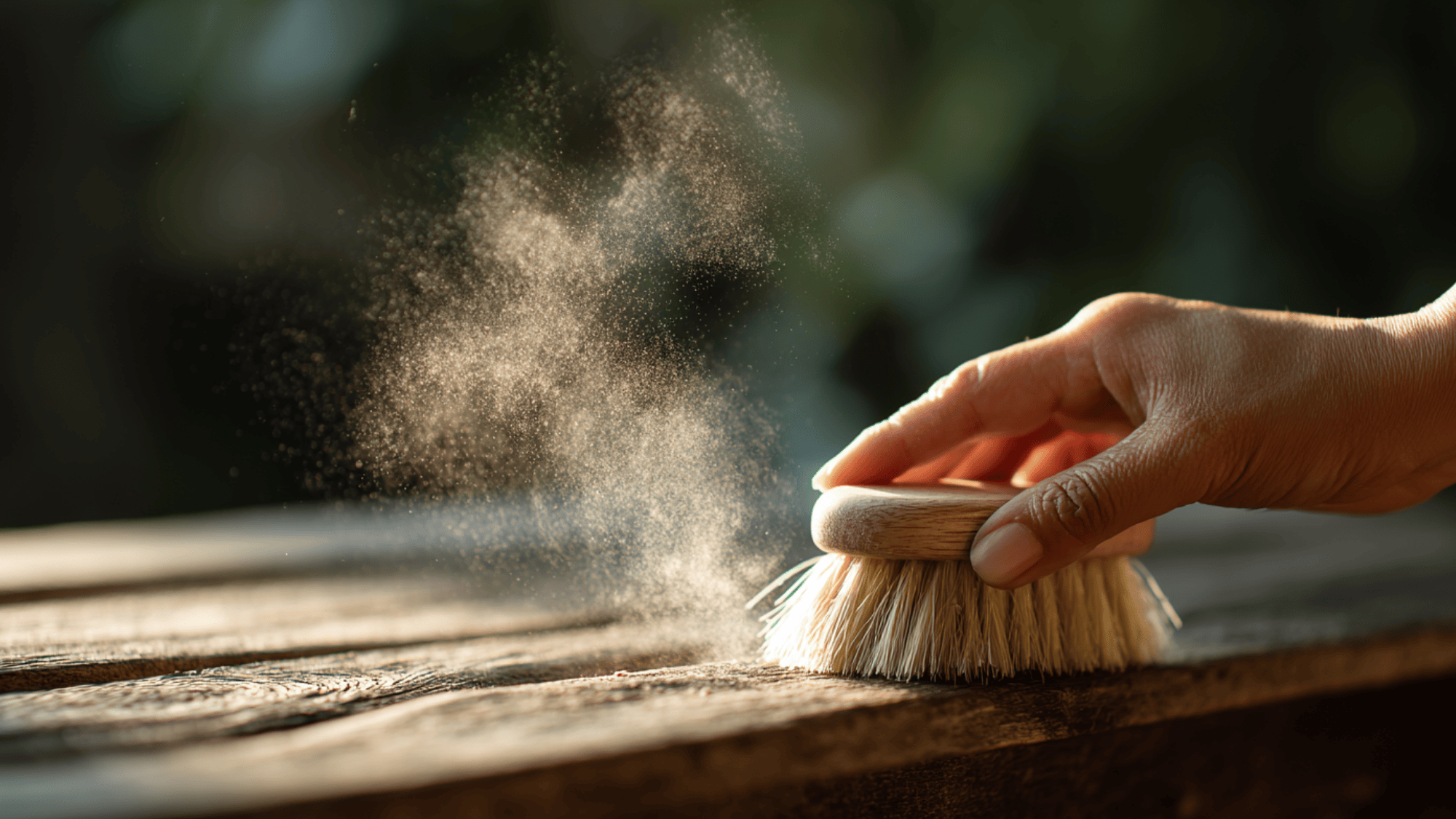 removing loose dirt from teak wood furniture using a soft brush before cleaning (1)