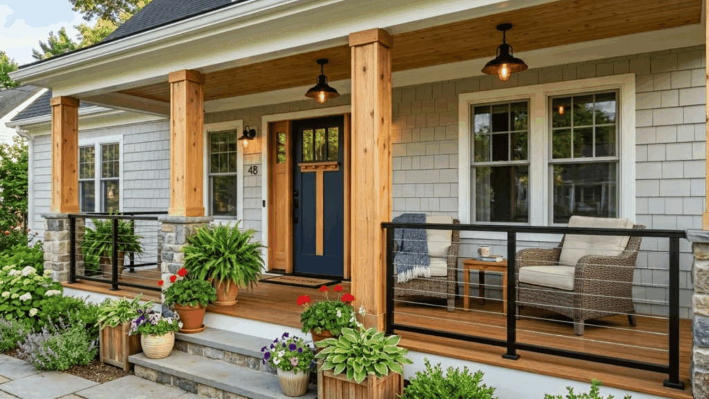 renovated front porch with wooden columns railing and welcoming entryway for improved home exterior appeal
