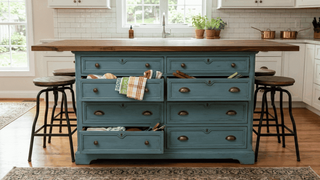 repurposed dresser kitchen island with drawers, wooden top, and bar stools on both sides.