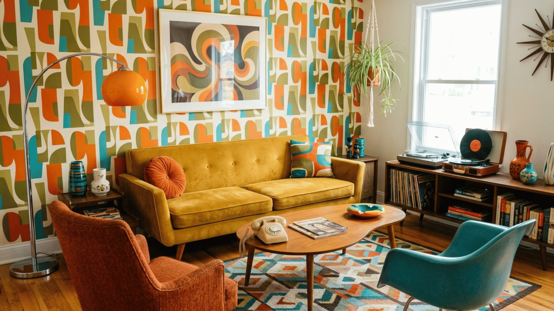 retro living room with bold patterned wallpaper, vintage furniture, and colorful decor.