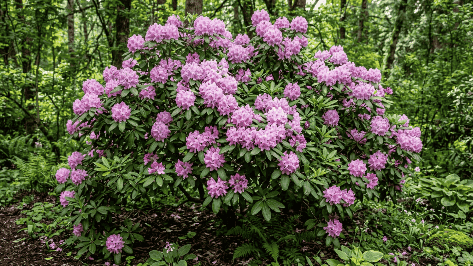 rhododendron shrub with bold clusters of pink and lavender flowers surrounded by large dark green evergreen leaves