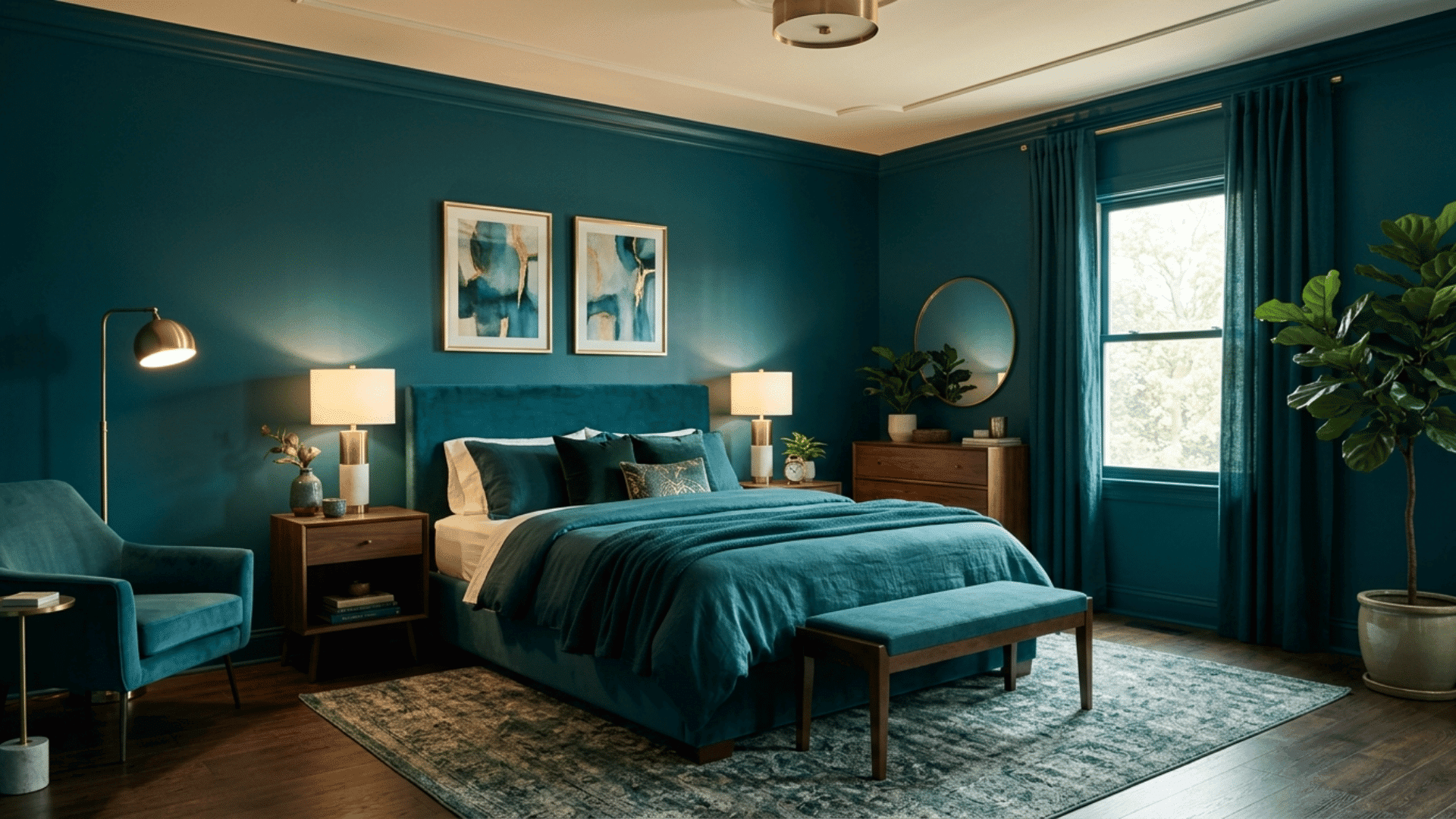 rich teal bedroom with elegant decor, warm lighting, upholstered bed, and balanced design for a sophisticated look