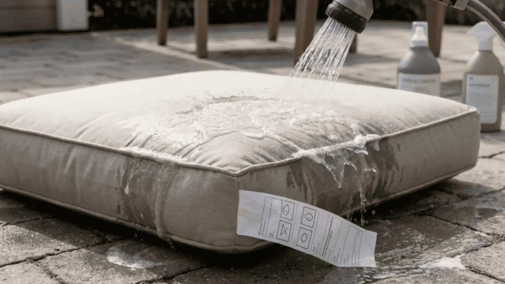 rinsing outdoor cushion with water hose to remove soap and dirt.