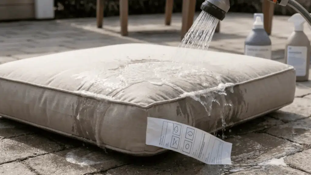 rinsing outdoor cushion with water hose to remove soap and dirt.
