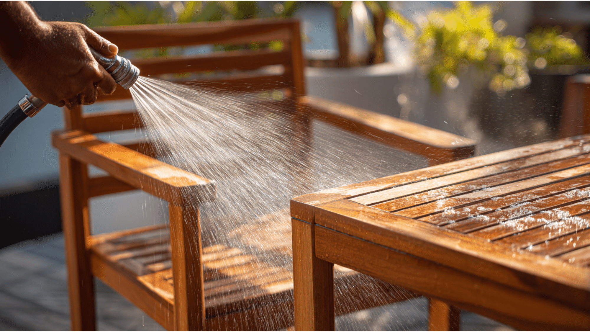 rinsing teak wood furniture with clean water to remove soap residue