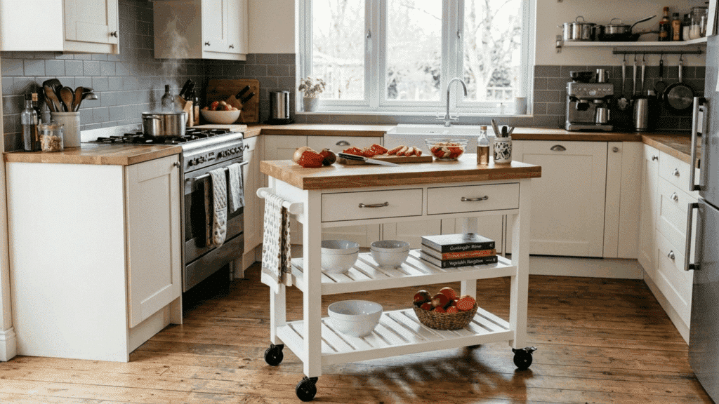 rolling kitchen cart island with wooden top and storage shelves in a cozy kitchen.