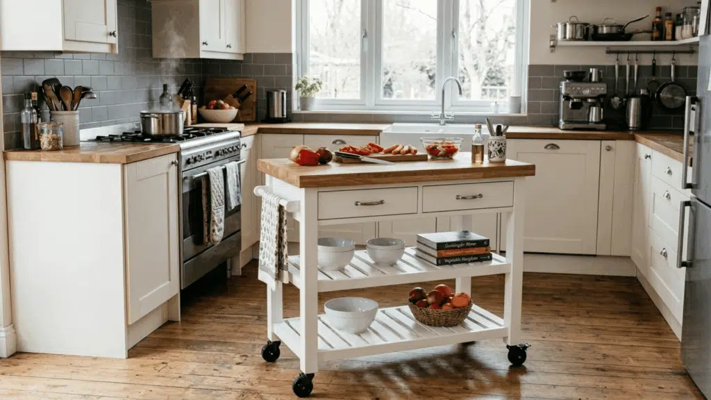 rolling kitchen cart island with wooden top and storage shelves in a cozy kitchen.